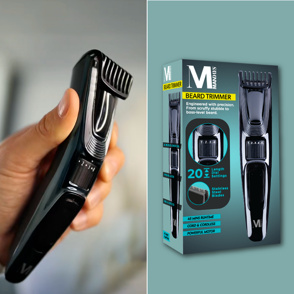 Mandays Beard Trimmer with packaging and grooming tool